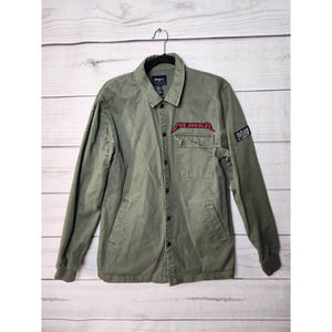 Forever 21 Mens Shirt Jacket Green Denim Snap Pockets‎ Patches Streetwear S